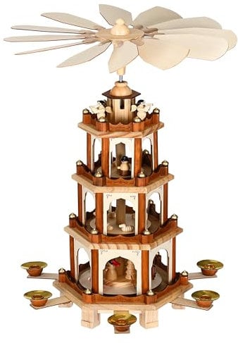 Spielwerk® Weihnachtspyramide Groß 4-Stöckig Klassisch Drehend Echtholz Handbemalt Indoor Weihnachtsdekoration Klassik