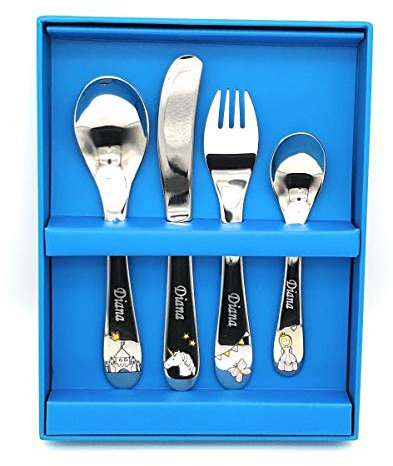 Juego Cubiertos Infantiles Acero INOX Princesa. Grabados y Personalizados con Nombre. Grabación Mediante Diamante, presentado en Caja.
