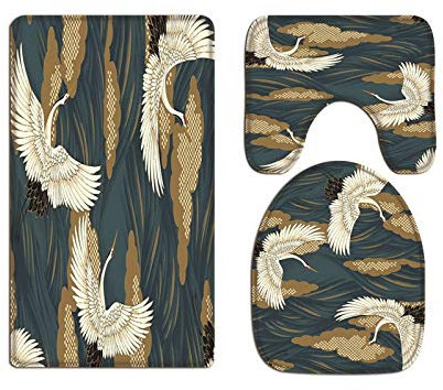 A.Monamour Badezimmer Badematte 3 Teilig Set Japanischer Motiv Kranich Ozeanwellen Blauer Hintergrund Flanell WC Toilette Deckel Deckt Bad Matte Teppich Badteppiche Badvorleger Badgarnitur Vorleger