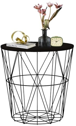 Round Side Table Wire Metal Storage Basket Modern Tea Nest Table with Removable Wood Top for Hallway, Living Room, Bedroom, or Office Decor Sidetable (Black + Black Lid, Small)
