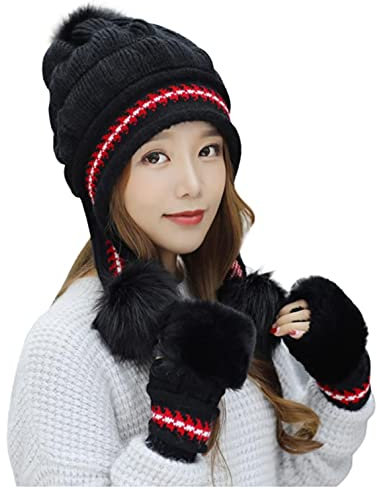 qudang Damen Mütze Handschuhe Set 2 in 1 Beanie Mütze Winter Gestreifte Chenille Fleece Gefüttert Dick Warme Strickmütze Pompon Wintermütze