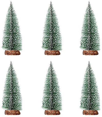 Niuirb Künstliche Mini-Weihnachtsbäume aus Sisal, Schnee, Frost, 15 cm, Miniatur-Kiefer mit Holzsockel, Flaschenbürste, kleiner Weihnachtsbaum für Weihnachten, Zuhause, Party, Tischdekoration, 6 Stück
