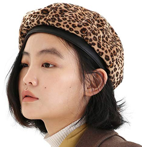 UNDERCONTROL Animal Classic French Artist Castro Leopardenmuster Ledermix Stilvoller Maler Größenverstellbare Baskenmütze Unisex Newsboy Jagdmütze Korea (Leopardenbraun)