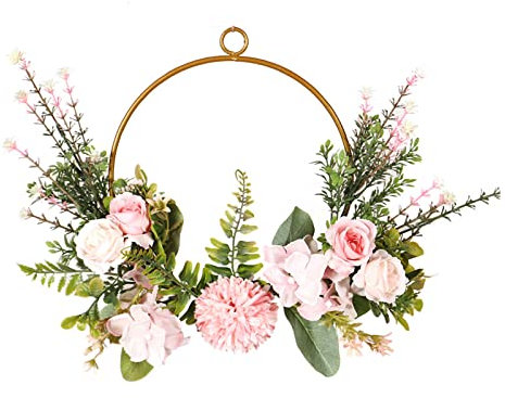 RESOYE Künstliche Blumen-Kränze, 35,1 cm, handgefertigt, Seide, Pfingstrose, rosa, Hortensien, Blume, hängende Wandkranz, grüne Girlande für Hochzeit, Heimdekoration