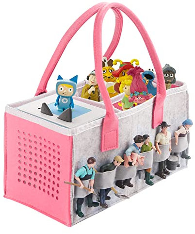 Chedin Tasche for toniebox Tonie, Aufbewahrung Box Tragetasche mit Griff, für Toniebox Starter Set und Tonies Figur, Zubehör Schutzhüllen-Organizer für über 30 Figuren (Grau + Rosa)