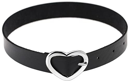 Flongo Tattoo Choker Leder Halsband Lederhalsband Damen Halskette mit Herz Anhänger Kette Schwarz Silber Gothic Punk Rock