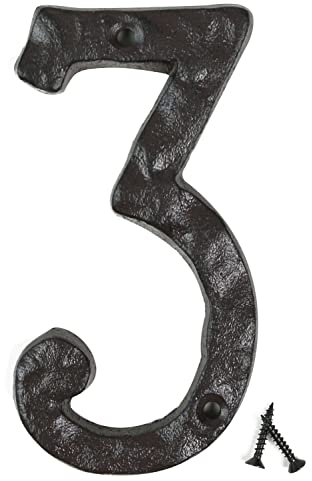 FITOUS 5.5 Inches,Black,Cast Iron House Numbers, Original Rustic Finishes House Address Number for Outside, Heavy Duty Vintage Hammered Look, Maximum Rust Protection,(Number 3)