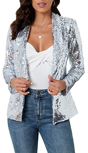 IWFEV Damen Pailletten Blazer Langarm Sparkle Open Front Jacke Schalkragen Cardigan, Silber, M