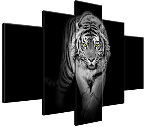 Estika Leinwand bilder - Schwarz-weißer Tiger, Gelbe Augen - 150x105 cm, 5 teilige kunstdruck - Wandbilder wohnzimmer, schlafzimmer, Moderne wanddeko, Bild auf leinwand - Tiere bilder - 2359A_5H
