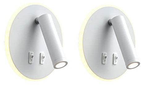 uksunvi Lámpara de pared LED, lámpara de pared de lectura junto a la cama, lámparas de lectura de pared LED de 12 W, foco ajustable (3 W + 9 W 3000 K luz cálida) (blanco Forma redonda 2PCS)