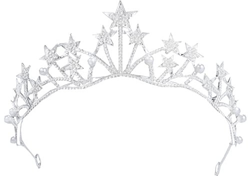 Silberner Stern Mädchen Crystal Tiara Frauen Prinzessin Braut Stirnband Kostüm Hochzeitskrongeschenk für Prom Geburtstag Henne Partyagentur Weihnachten Halloween Geschenk Juwely