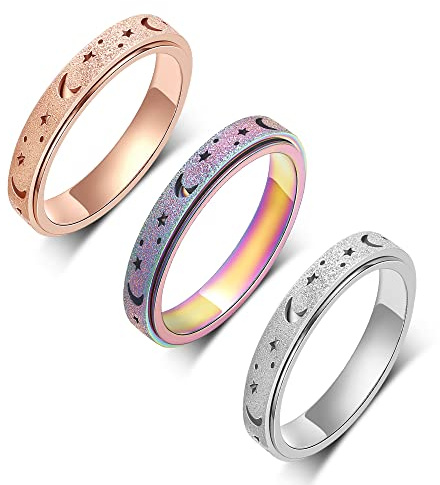 LuckyAmor Fidget-Angst-Ring für Frauen, 3 Stück, 4 mm, Regenbogenfarben, Rotgold, Silber, Mond, Stern, hohl, Edelstahl, Spinnerringe für Angst, Stressabbau, Geschenk für Frauen, Party, Geburtstag