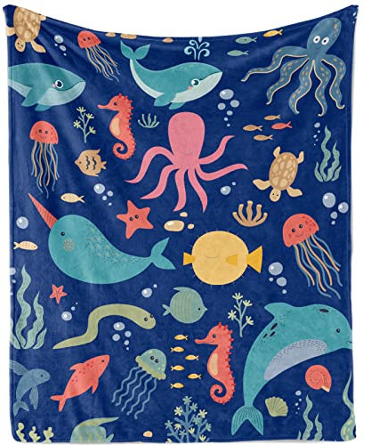 Decke Meer Tier Kuscheldecke Meer Tier Kuscheldecke Unterwasser Weich Plüsch Wohndecke Meer Flanell Fleecedecke mit Schildkröte Delfin Muster für Jungen Geschenk Sofadecke Couch Decke, 130x150cm