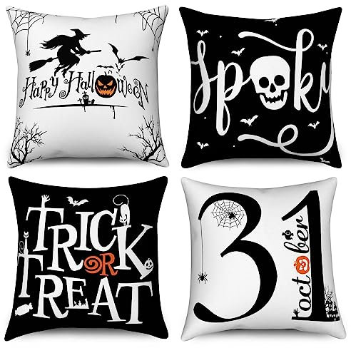 Halloween Kissenbezug 50x50 4er Set, Hnmdmyi Hexe Kürbis Fledermaus Spinnennetz Spooky Totenkopf Trick or Treat Dekorative Kissenbezüge Leinen Kissenhülle für Sofa Couch Bett Garten Outdoor Home Decor