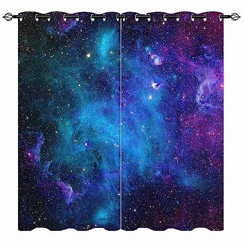 YUANZU Galaxie Vorhänge Kinder Sternennebel Planet Ösen Gardinen mit Blickdichte Thermo Vorhang Kälteschutz Blackout Curtain Kinderzimmer Schlafzimmer Verdunkelung Fenster, 2 Stück, H 160 x B 132 cm