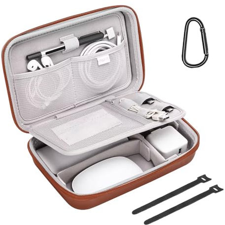 MOSISO Electronic Organizer Travel Case Compatible with MacBook Power Adapter, Compatible with Magic Mouse & Pencil, SD Card, USB Flash Disk with 4 Modular Insert & 2 Cable Tie & Snap Hook, Brown