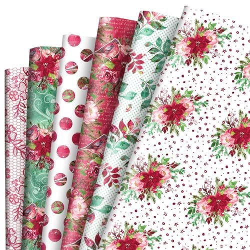 Whaline Lot de 12 rouleaux de papier cadeau de Noël aquarelle Poinsettia en vrac plié à plat Motif floral Rose Rouge 50,8 x 71,1 cm