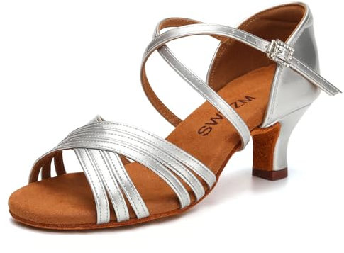 SWDZM Latein Tanzschuhe für Damen Professionelle Tanzschuhe Ballsaal Party Salsa Tanzübung Performance Schuhe,Silber,Ferse 5cm,Wildledersohle,42EU