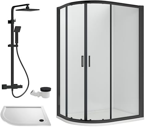 Balterley Offset Quadrant Shower Enclosure, Offset Quadrant Tray, Waste & Thermostatic Shower Kit, 6mm Toughened Safety Glass Door, Bar Handle Sliding Glass Door, Square Showerhead & Handset (Black)