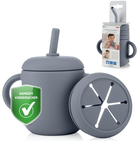 2in1 Trink- & Snackbecher für Babys und Kleinkinder | Praktischer Begleiter für unterwegs | auslaufsicher | Snack Cup | Trinkbecher | grau-blau