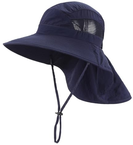 Home Prefer UPF50 Wide Brim Kids Sun Hat Neck Flap Boys Sun Protection Beach Hat Navy Blue Large