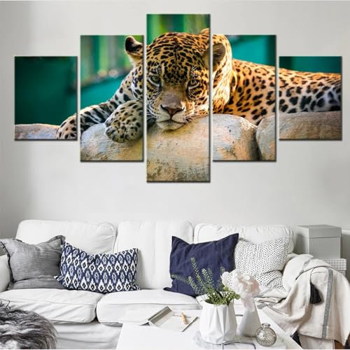 WAGYU Kunstdrucke 5 Teilig Bilder Leinwand,leinwandbilder 5 teilig wohnzimmer dekoration,5 Teilig Wanddekoration Tiere Jaguar,Bild Bilder auf Leinwand 5 teilig Poster,wandbild xxl 100x55cm