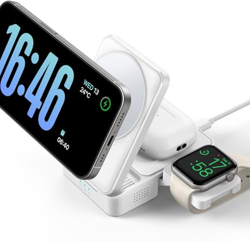 Lamicall 3 in 1 Wireless Charging Station for MagSafe - [Upgraded Cooling System] 15W Foldable Wireless Charger Stand for iPhone 16/15/14/13/12 Series, Apple Watch Ultra/S3-S10, AirPods - White