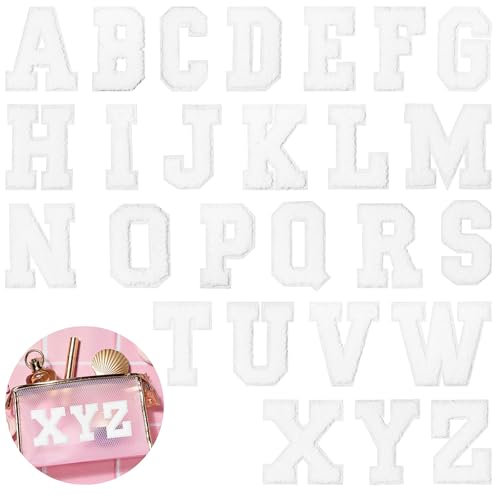 26 Stück Chenille Buchstaben Flicken A-Z Alphabet Aufnäher Weiße Buchstaben zum Aufbügeln von A bis Z Chenille Buchstabenflicken Chenille Gestickte Alphabetaufnäher für Kleidung Hut Jacken
