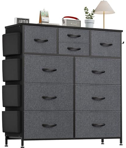Buluri Tall Chest of Drawers Bedroom, 10 Fabric Drawers Dresser with Side Pockets and Hooks, Wooden Top and Metal Frame, Storage Drawers for Closet, Living room, Kids Room (Dark Grey)