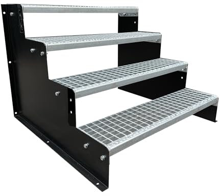 SRM Design 4 Stufen Standtreppe Stahltreppe Wangentreppe Gitterrosttreppe Außentreppe Industrietreppe schwarz 18 cm Stufenhöhe 70 cm Breite 72 cm Höhe ohne Geländer