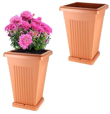 GarPet 2X Pflanzkübel Pyramide Pflanzkübel Groß Außen Blumenkübel Outdoor Pflanztopf Pflanzkasten Blumentopf mit Untersetzer Rechteckig 50 Terrakotta