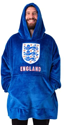 England Herren tragbarer Decken-Hoodie | Blauer Kapuzenpullover für Erwachsene mit England Three Lions-Motiv, Fußballabzeichen und Taschen | Loungewear mit -Futter in Einheitsgröße