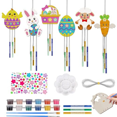 Yi'antai Ostern Windspiel Bastelset Kinder, 6tlg Osterbasteln Basteln Holz, Bastelset Kinder Ostern Basteln Holz, Bemalen Dekorieren für Osterdeko Frühling Mädchen Junge