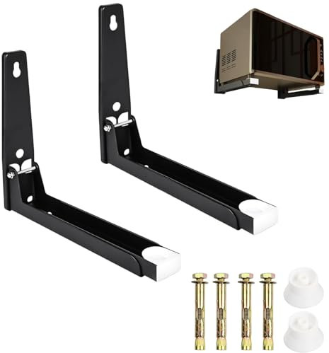 joonnair 2 Pièces Support Mural Micro Onde en Acier Inoxydable Pliable Télescopique, Support Micro Onde Charge Maximale 40kg, Étagère Universelle avec Vis pour Four à Micro-Ondes(Noir)