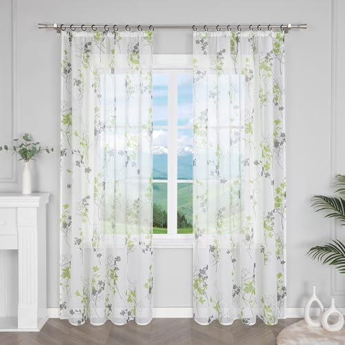 Delien Voile Transparente Gardinen mit Blattmuster für Wohnzimmer Fenster Vorhang Durchsichtig schals Modern Vorhänge mit Kräuselband,BxH 140x225cm,Grün