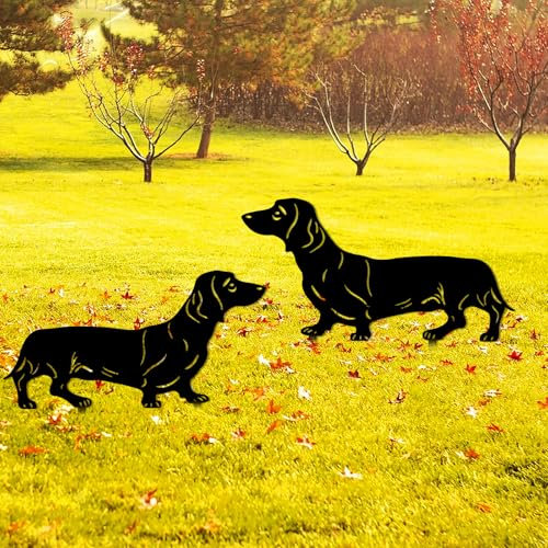 YiYa 2 Pack Metal Dog Garden Decor, Animals Garden Decor Sculptures Iron Dogs Garden Statues, Black Dog Silhouette Outdoor Wall Art for Outdoor Lawn Animal Lawn Decoration Black Decor