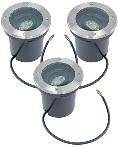 JungesLicht 3x Bodeneinbauleuchte außen, schwenkbar, GU10, Edelstahl Bodenstrahler IP67, 2000kg belastbar, 230V Anschluß, 130mm Ø, Fassadenleuchte, Pflanzenbeleuchtung, ohne Leuchtmittel (RUND)