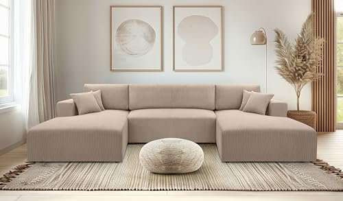 AXLIVING Beige Sofa U Form mit Schlaffunktion – Catea U Wohnlandschaft 364cm