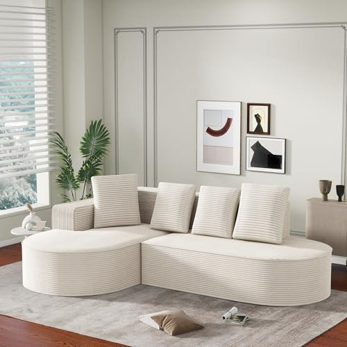 ZX Design Ecksofa mit Schlaffunktion, Kompressionssofa Couch L Form Couch mit Schlaffunktion Wohnlandschaft L-Form, Schlafsofa Modernes Schlafsofa mit vier Kopfkissen Kompressionssofa cord sofa(Weiss)