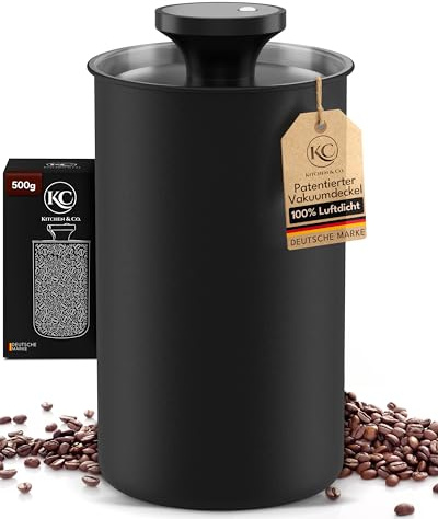 KC Kitchen & Co. Kaffeedose luftdicht für 500 Gramm Kaffeebohnen – Edelstahl Vorratsdose mit Vakuumdeckel & Aromaverschluss – Aufbewahrungsdose für Kaffee, Tee, Zucker, Müsli Schwarz Matt (1700ml)