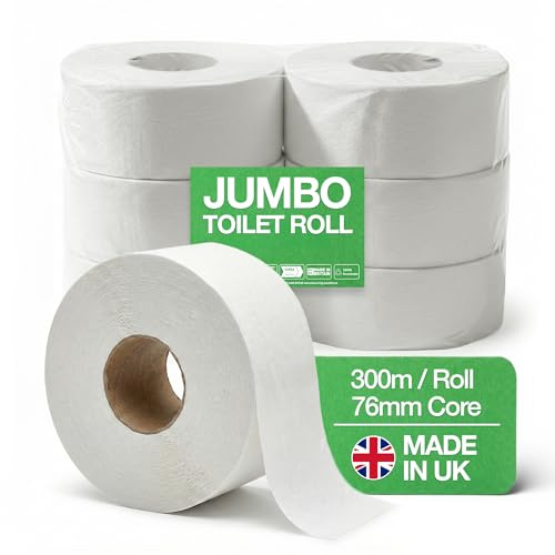 Jumbo Toilet Rolls 6 Pack, 76mm Core, Mini Jumbo Toilet Roll 2 Ply, 300m Per Roll, 100% Recycled, Commercial Toilet Roll, Large Toilet Rolls for Dispensers