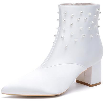 HFWXYSA Botas De Satén para Novia con Tacón Bloque, Botines Tobilleros para Novia, Zapatos De Fiesta Y Baile De Punta