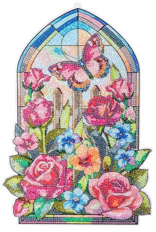 Ideen mit Herz Diamond-Painting-Fensterbild | Glaskunst-Optik | Dekoration & DIY | Material: PET (Rosen mit Schmetterling)