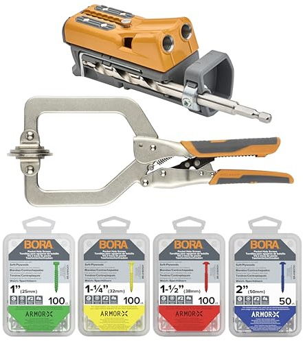 BORA Pro Compact Pocket Hole Jig Kit, 3 Face Clamp & 350pcs Schraubensatz - Auto Adjust Bohrführer, Durable Pocket Hole Jig für Holzbearbeitung & engen Räumen - Für Materialien 1/2 bis 1 1/2 dick