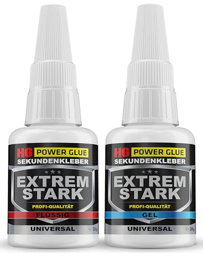 HG POWER GLUE Sekundenkleber Set 56g, Gel + flüssig (2x28g) | Extra starker Präzisionskleber für Haushalt, Modellbau & Reparaturen, für Kunststoff, Keramik, Metall, Holz & Gummi