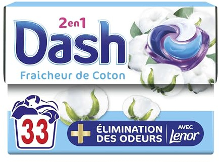 Dash 2en1 PODS Lessive en capsule Fraîcheur de Coton x33 | 33 lavages. Parfum Fraicheur de Coton. 3 semaines de fraîcheur. Avec L’Adoucissant Lenor. Fabriqué en France