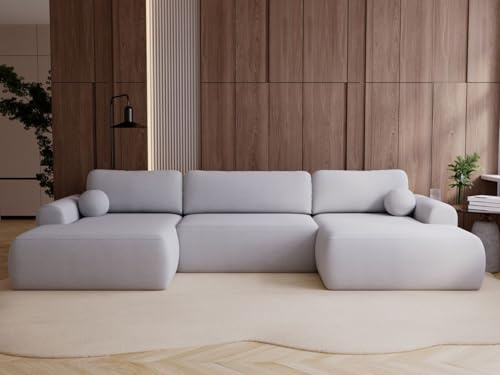 GRAINGOLD Savana U Ecksofa mit Schlaffunktion, 344x177 cm, U-Form Sofa, Schlafcouch für Wohnzimmer, Bouclé-Stoff, 5-Sitzer Wohnlandschaft, Ecksofa mit Bettkasten (Grau)