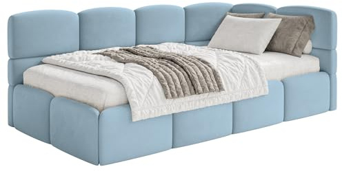 Selsey Jugendbett 120x200cm Hellblau gepolstert mit Stauraum und Lattenrost, Polsterbett Jugendbett rechtsseitig mit Bettkasten, Kinderbett mit Eckkopfteil, Bett für Jugendzimmer
