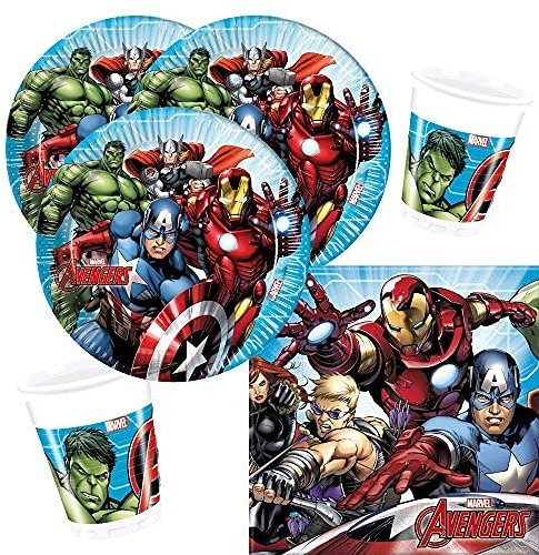 37-Piece Party Set Marvel Mighty Avengers - Plate Mug Napkins Tablecloth for 8 children