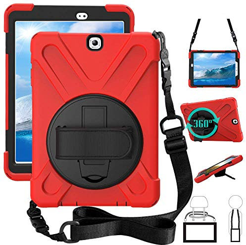Galaxy Tab S2 9.7 Case, Dropproof Impact Resistant Anti-Scratch Heavy Duty Armor Cover W/Hand Strap/ Handle Stand/ Shoulder Belt Carry Case for Samsung SM-T810/T813/T815 /T819C 9.7 inch Tablet, Red